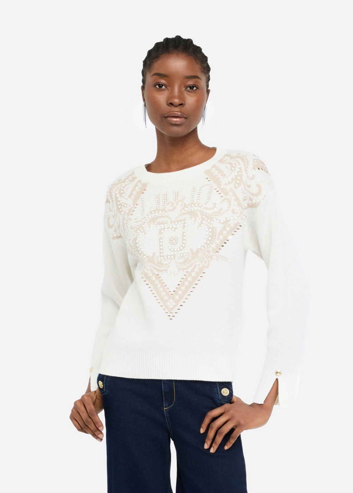 Maglia in lana jacquard con borchie e strass Maglia in lana jacquard con borchie e strass