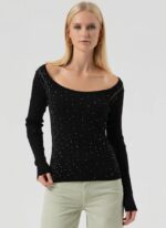 Maglia slim a costine con strass